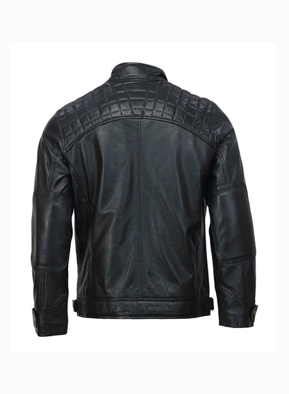 Mens Moto Biker Black Quilted Leather Jacket