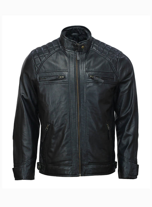 Mens Moto Biker Black Quilted Leather Jacket
