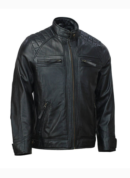 Mens Moto Biker Black Quilted Leather Jacket
