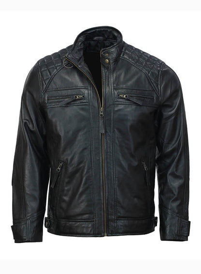 Mens Moto Biker Black Quilted Leather Jacket
