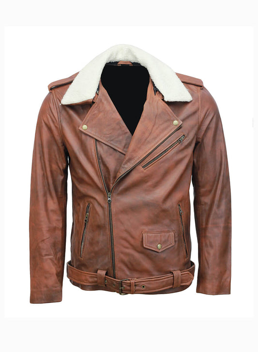 Mens Vintage Fur Collar Brown Biker Leather Jacket