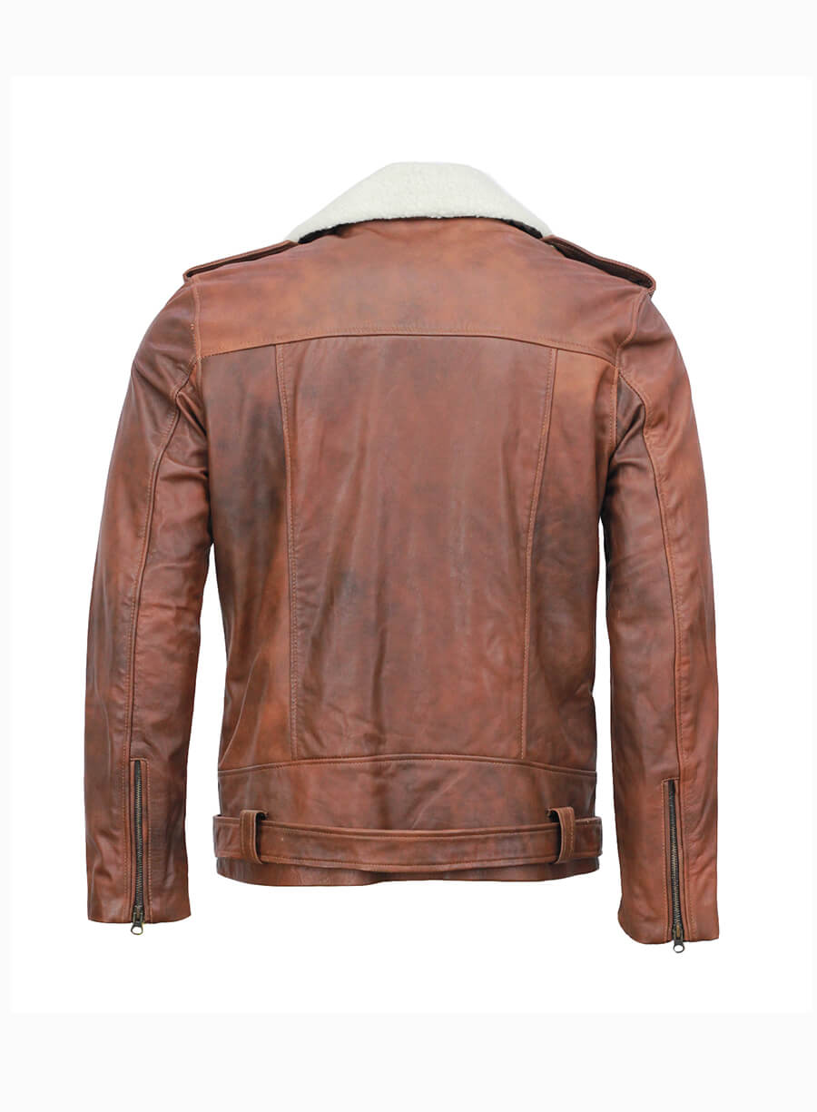 Mens Vintage Fur Collar Brown Biker Leather Jacket