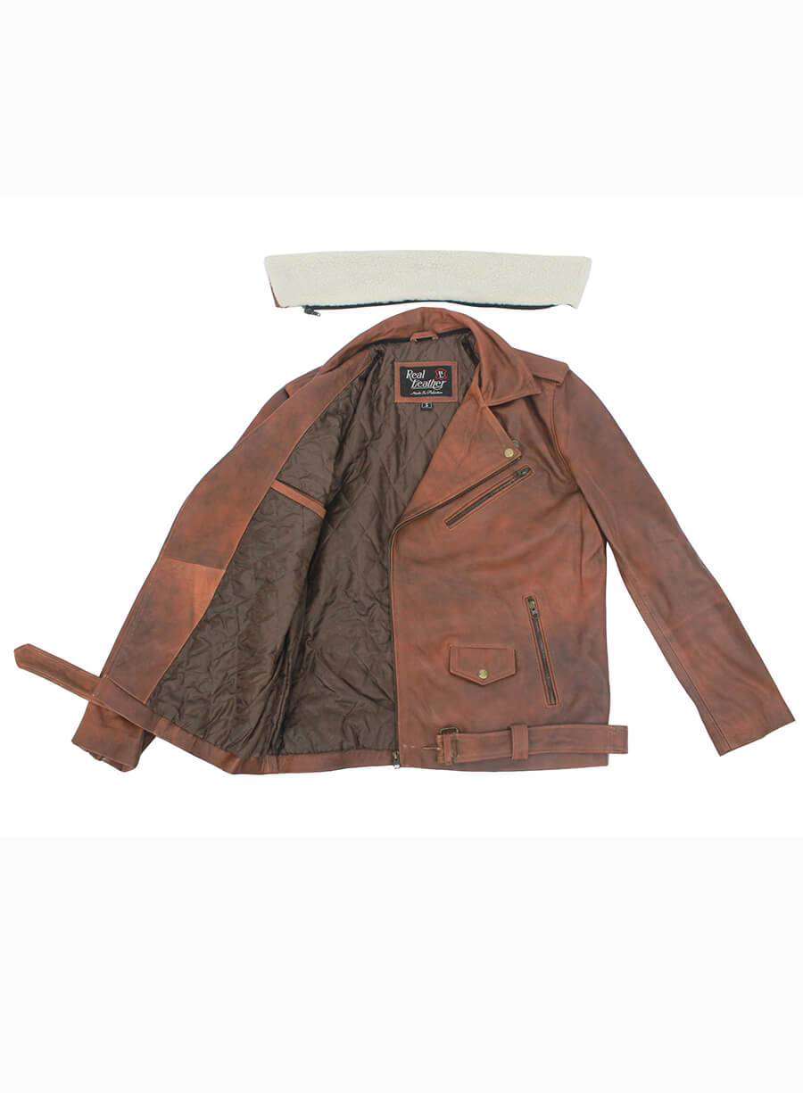 Mens Vintage Fur Collar Brown Biker Leather Jacket
