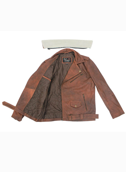 Mens Vintage Fur Collar Brown Biker Leather Jacket