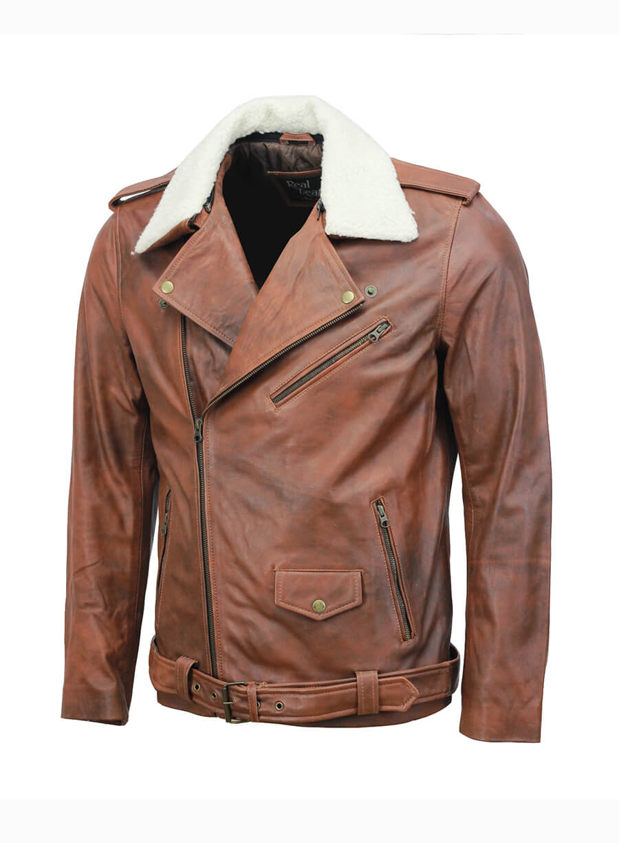 Mens Vintage Fur Collar Brown Biker Leather Jacket