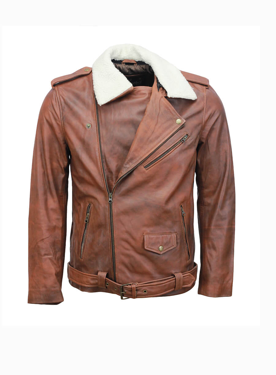 Mens Vintage Fur Collar Brown Biker Leather Jacket