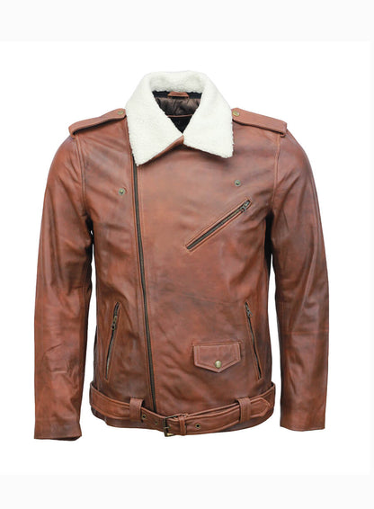 Mens Vintage Fur Collar Brown Biker Leather Jacket