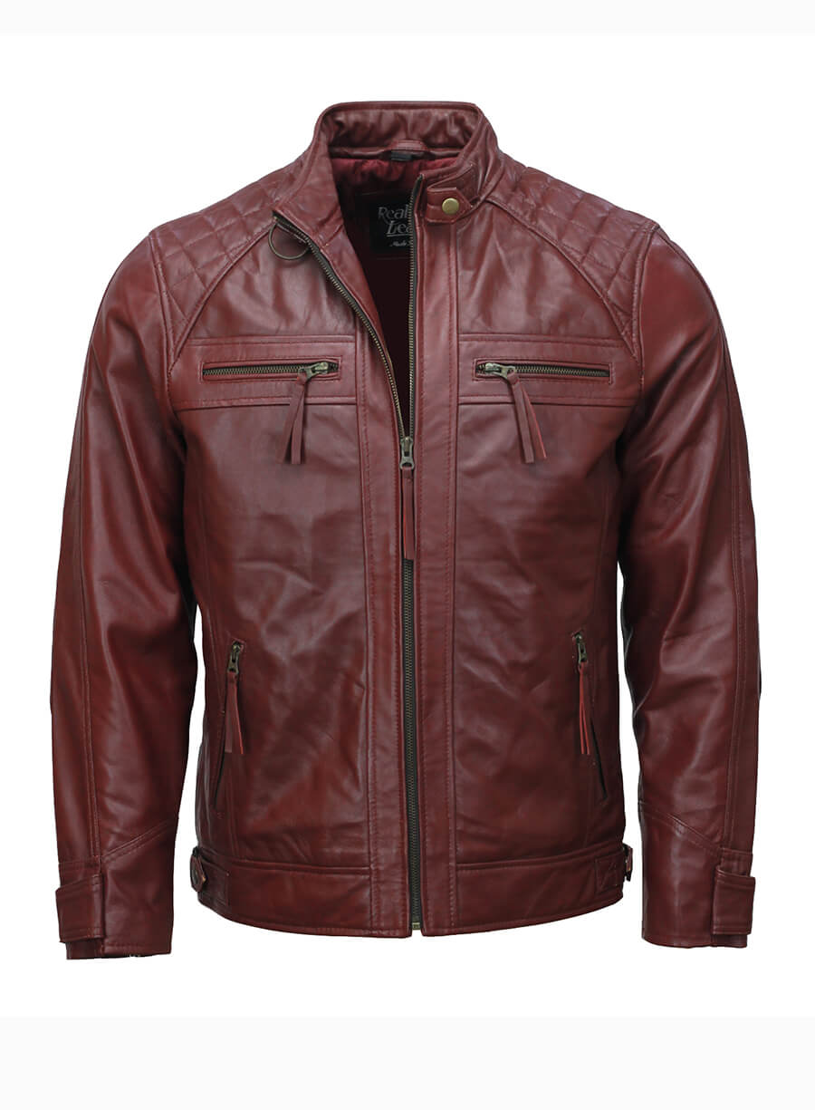 Mens Moto Biker Maroon Leather Jacket