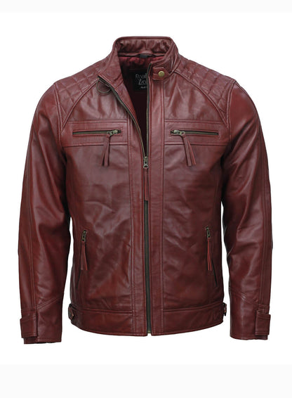 Mens Moto Biker Maroon Leather Jacket