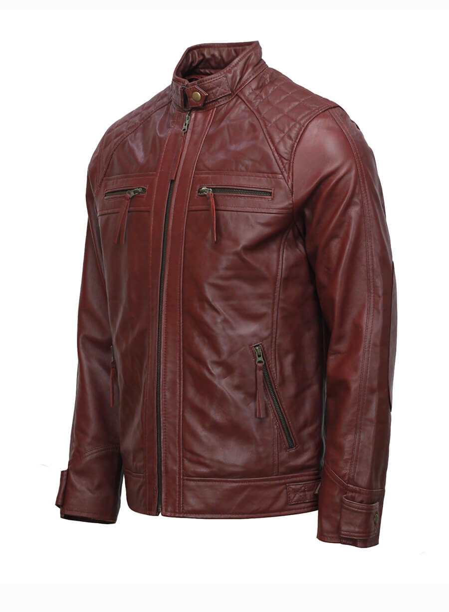 Mens Moto Biker Maroon Leather Jacket