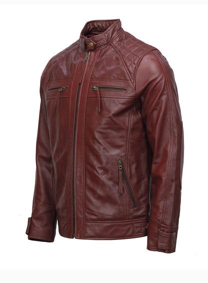 Mens Moto Biker Maroon Leather Jacket
