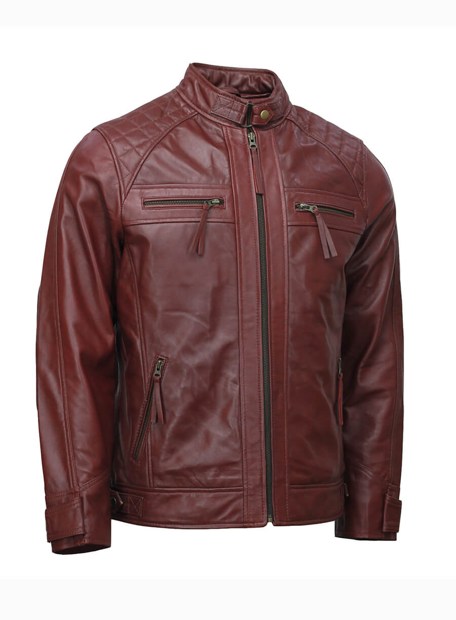 Mens Moto Biker Maroon Leather Jacket
