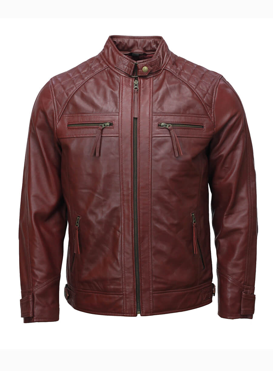 Mens Moto Biker Maroon Leather Jacket