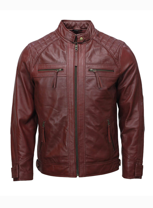 Mens Moto Biker Maroon Leather Jacket